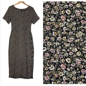 90s Vintage Floral Midi Dress Black Rayon Ditsy Print M Cottage Core Dark 1990s